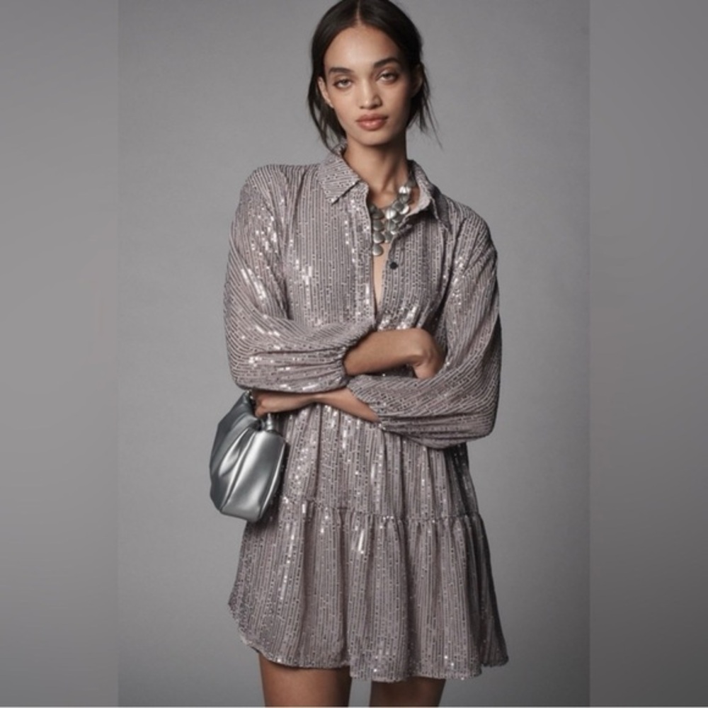 Anthropologie Maeve Bettina Mini Shirt Dress in Sparkly Silver Sequins Size XS‎